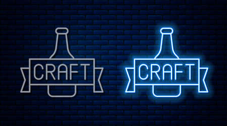 Glowing neon line Beer bottle icon isolated on brick wall background. Vectorのイラスト素材