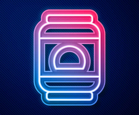 Glowing neon line Beer can icon isolated on blue background. Vectorのイラスト素材