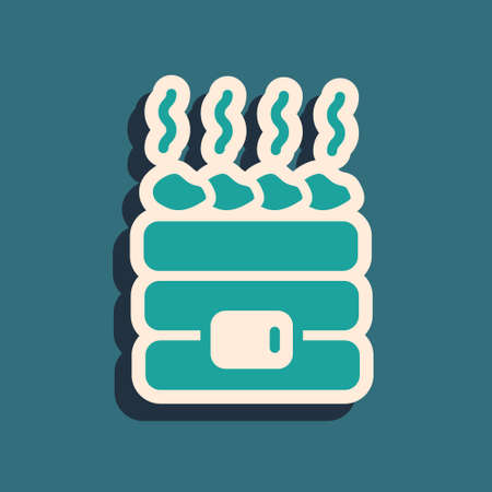 Green Hot sauna stones icon isolated on green background. Spa resort recreation, bathhouse relaxation. Hot stones on electric heater. Long shadow style. Vectorのイラスト素材