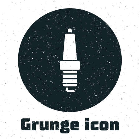 Grunge Car spark plug icon isolated on white background. Car electric candle. Monochrome vintage drawing. Vectorのイラスト素材