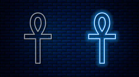 Glowing neon line Cross ankh icon isolated on brick wall background. Vectorのイラスト素材