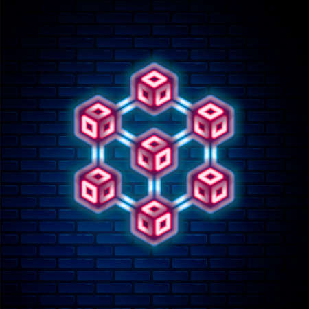 Glowing neon line Blockchain technology icon isolated on brick wall background. Cryptocurrency data. Abstract geometric block chain network technology business. Colorful outline concept. Vectorのイラスト素材