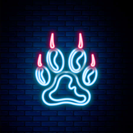 Glowing neon line Paw print icon isolated on brick wall background. Dog or cat paw print. Animal track. Colorful outline concept. Vectorのイラスト素材