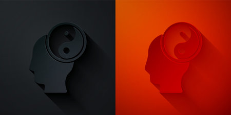 Paper cut Yin Yang symbol of harmony and balance icon isolated on black and red background. Paper art style. Vectorのイラスト素材