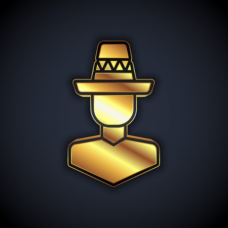 Gold Mexican man wearing sombrero icon isolated on black background. Hispanic man with a mustache. Vectorのイラスト素材