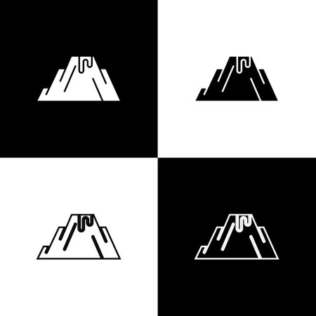 Set Volcano eruption with lava icon isolated on black and white background. Vectorのイラスト素材