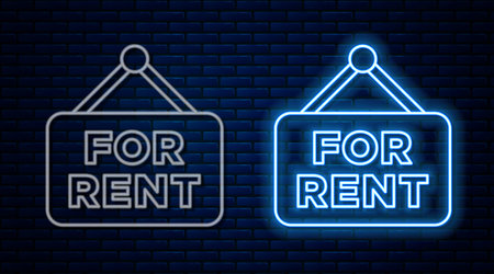 Glowing neon line Hanging sign with text For Rent icon isolated on brick wall background. Signboard with text For Rent. Vectorのイラスト素材