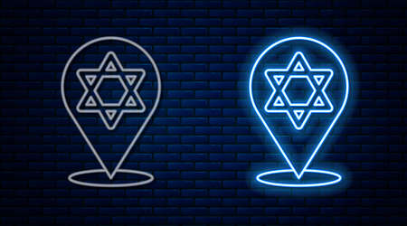 Glowing neon line Star of David icon isolated on brick wall background. Jewish religion symbol. Symbol of Israel. Vectorのイラスト素材