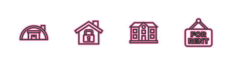 Set line Warehouse, House, under protection and Hanging sign with For Rent icon. Vectorのイラスト素材