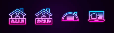 Set line Hanging sign with Sale, text Sold, Warehouse and Online real estate. Glowing neon icon. Vectorのイラスト素材