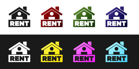 Set Hanging sign with text Rent icon isolated on black and white background. Signboard with text For Rent. Vectorのイラスト素材