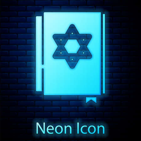 Glowing neon Jewish torah book icon isolated on brick wall background. Pentateuch of Moses. On the cover of the Bible is the image of the Star of David. Vectorのイラスト素材