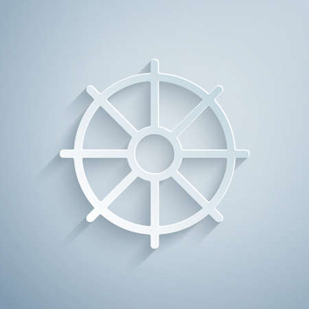 Paper cut Dharma wheel icon isolated on grey background. Buddhism religion sign. Dharmachakra symbol. Paper art style. Vectorのイラスト素材