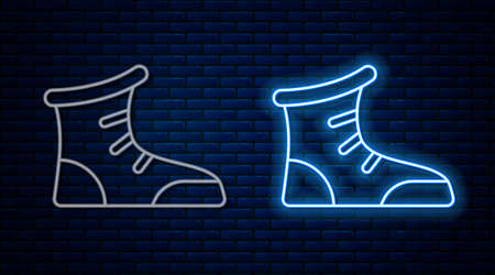 Glowing neon line Sport boxing shoes icon isolated on brick wall background. Wrestling shoes. Vectorのイラスト素材