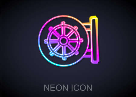 Glowing neon line Dharma wheel icon isolated on black background. Buddhism religion sign. Dharmachakra symbol. Vectorのイラスト素材