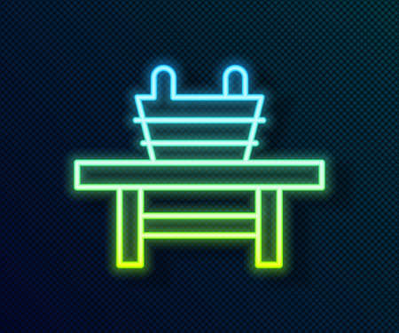 Glowing neon line Sauna bench with bucket icon isolated on black background. Vectorのイラスト素材