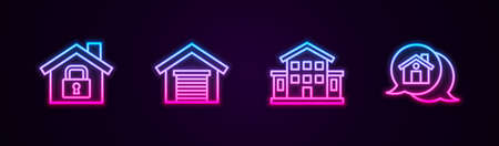 Set line House under protection, Garage, and Real estate message house. Glowing neon icon. Vectorのイラスト素材