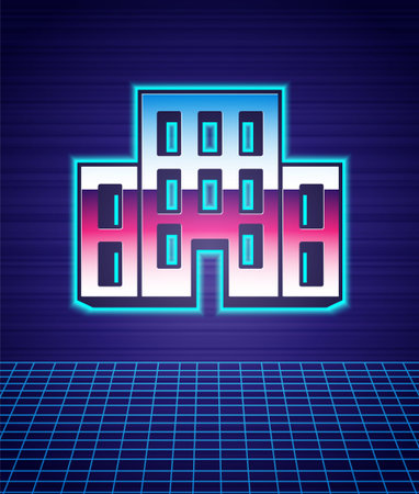 Retro style House icon isolated futuristic landscape background. Home symbol. 80s fashion party....