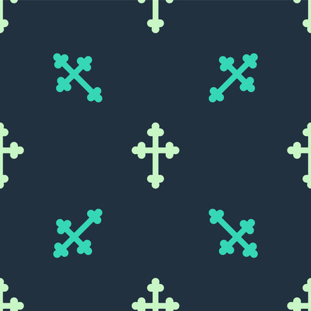 Green Christian cross icon isolated seamless pattern on blue background. Church cross. Vectorのイラスト素材