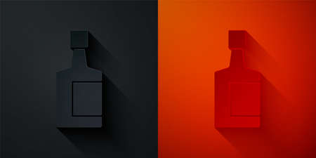 Paper cut Tequila bottle icon isolated on black and red background. Mexican alcohol drink. Paper art style. Vectorのイラスト素材