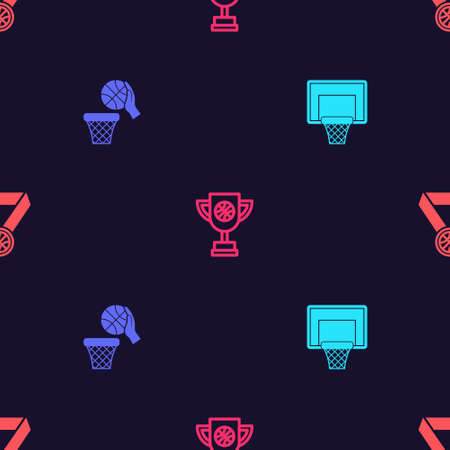 Set Basketball backboard, and basket, Award cup with basketball and medal on seamless pattern. Vectorのイラスト素材
