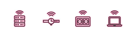 Set line Smart server, electrical outlet, Smartwatch and Wireless laptop icon. Vector