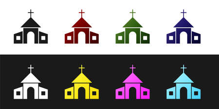 Set Church building icon isolated on black and white background. Christian Church. Religion of church. Vectorのイラスト素材