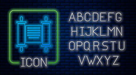 Glowing neon Decree, paper, parchment, scroll icon icon isolated on brick wall background. Neon light alphabet. Vectorのイラスト素材
