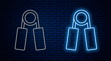 Glowing neon line Sport hand grip expander icon isolated on brick wall background. Sport equipment. Vectorのイラスト素材