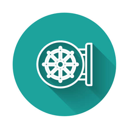 White line Dharma wheel icon isolated with long shadow background. Buddhism religion sign. Dharmachakra symbol. Green circle button. Vectorのイラスト素材