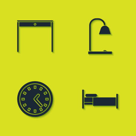 Set Wooden table, Bed, Clock and Table lamp icon. Vectorのイラスト素材