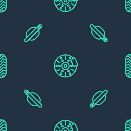 Set line Car brake disk with caliper, door handle and tire on seamless pattern. Vectorのイラスト素材