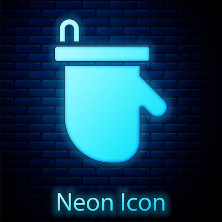 Glowing neon Sauna mittens icon isolated on brick wall background. Mitten for spa. Vectorのイラスト素材
