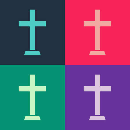 Pop art Christian cross icon isolated on color background. Church cross. Vectorのイラスト素材