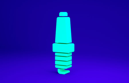 Green Car spark plug icon isolated on blue background. Car electric candle. Minimalism concept. 3d...