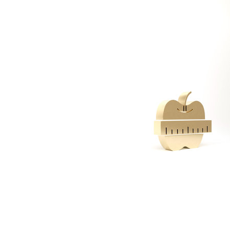 Gold Apple and measuring tape icon isolated on white background. Excess weight. Healthy diet menu....