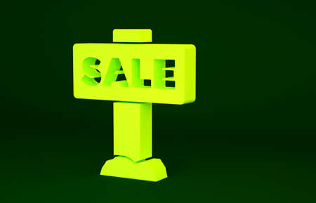 Yellow Hanging sign with text Sale icon isolated on green background. Signboard with text Sale. Minimalism concept. 3d illustration 3D renderの写真素材