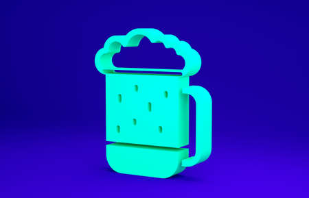 Green Wooden beer mug icon isolated on blue background. Minimalism concept. 3d illustration 3D renderの写真素材