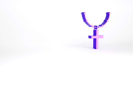 Purple Christian cross on chain icon isolated on white background. Church cross. Minimalism concept. 3d illustration 3D renderの写真素材