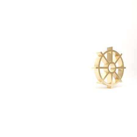 Gold Dharma wheel icon isolated on white background. Buddhism religion sign. Dharmachakra symbol. 3d illustration 3D renderの写真素材