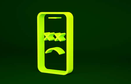 Yellow Dead mobile icon isolated on green background. Deceased digital device emoji symbol. Corpse smartphone showing facial emotion. Minimalism concept. 3d illustration 3D renderの写真素材