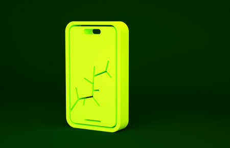 Yellow Smartphone with broken screen icon isolated on green background. Shattered phone screen icon....