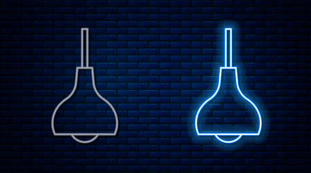 Glowing neon line Lamp hanging icon isolated on brick wall background. Ceiling lamp light bulb. Vectorのイラスト素材