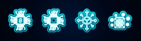 Set line Processor chip with dollar, , Distribution and ASIC Miner. Glowing neon icon. Vector