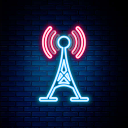 Glowing neon line Antenna icon isolated on brick wall background. Radio antenna wireless. Technology and network signal radio antenna. Colorful outline concept. Vectorのイラスト素材