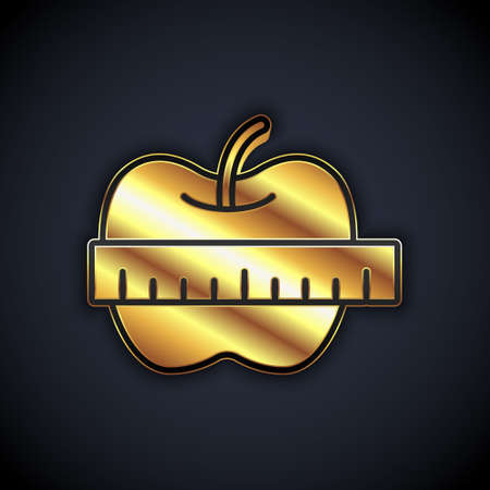 Gold Apple and measuring tape icon isolated on black background. Excess weight. Healthy diet menu. Fitness diet apple. Vectorのイラスト素材