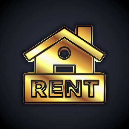 Gold Hanging sign with text Rent icon isolated on black background. Signboard with text For Rent. Vectorのイラスト素材