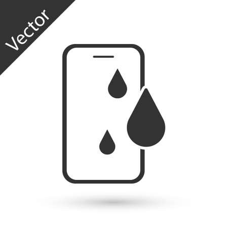 Grey Waterproof mobile phone icon isolated on white background. Smartphone with drop of water. Vectorのイラスト素材