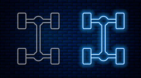 Glowing neon line Chassis car icon isolated on brick wall background. Vectorのイラスト素材