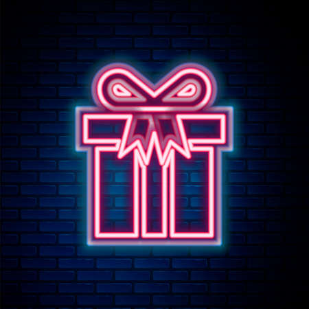 Glowing neon line Gift box icon isolated on brick wall background. Colorful outline concept. Vectorのイラスト素材